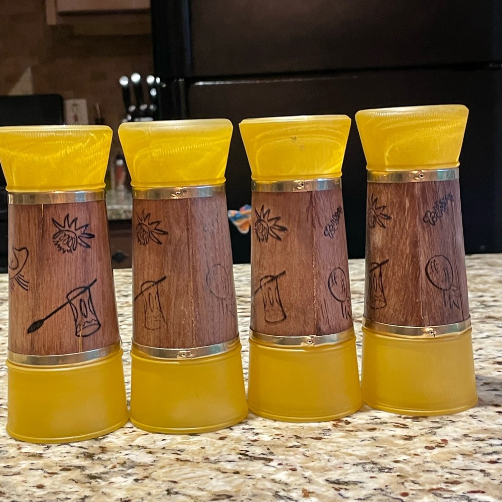 1970’s Siestaware Amber Glass “The Hafleys” Walnut Wood Jacket Glasses Set of 4